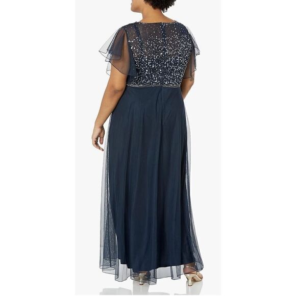 J Kara Women's Illusion Neckline Flutter Sleeve Beaded Long Dress in Grey Size 1 - Picture 2 of 6